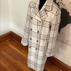 Elegant White and Brown Plaid Women's Coat